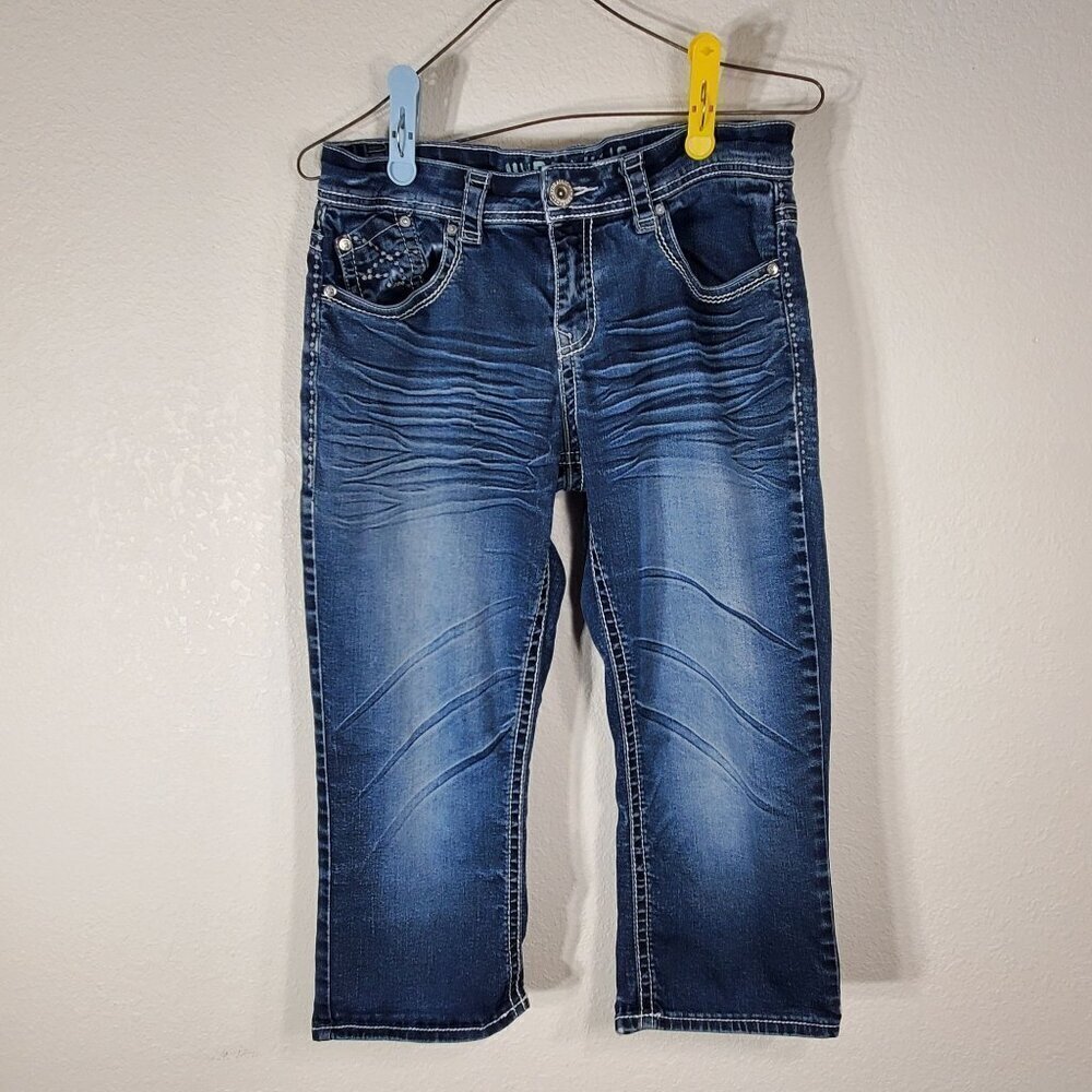 Hydraulic Distressed Blue Denim Capri Jeans Size 6 With Rhinestone Pocket Detail